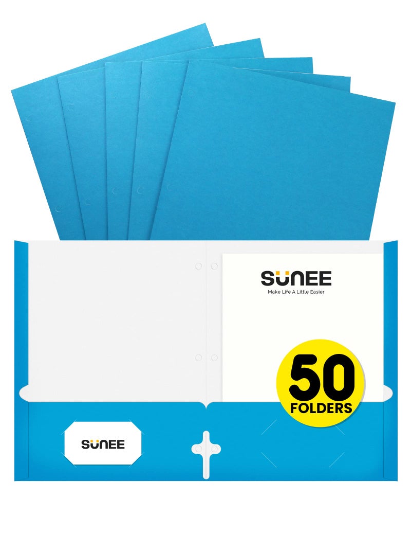 SUNEE Folders with Pockets 3 Hole Punched(50 Pack, Blue), 2 Pocket Folders Fit Letter Size Paper, Paper File Folder for School Office Home Bussiness - Image 1